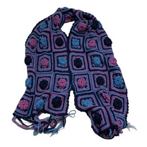 Vintage Handmade Crochet Knit Purple Blue 3D Floral Fringe Scarf